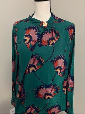 Monsoon Green Floral Long-Sleeve Blouse With Gold Details